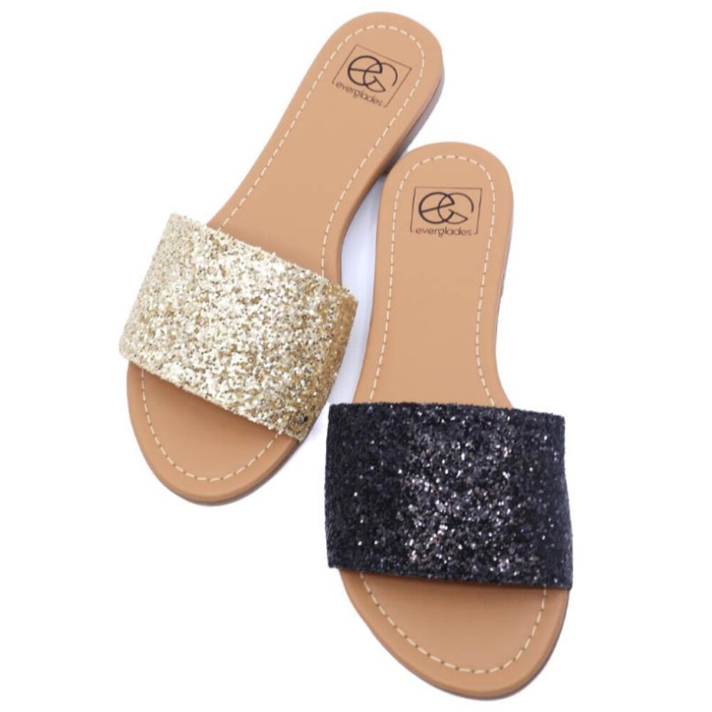 Everglades Lexi Glitter Slide Sandals in Black